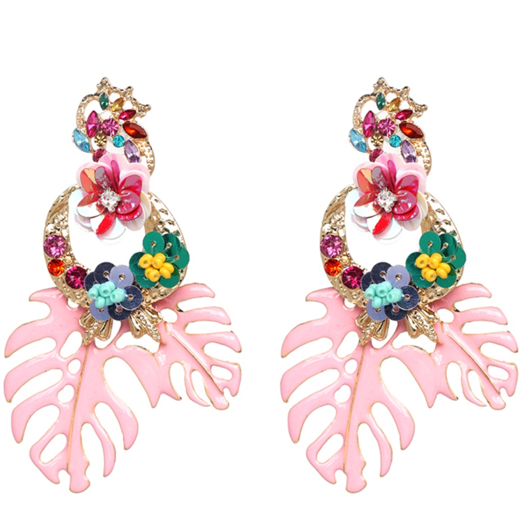 Baby Pink Tropical Temptation Earrings Enamel Monstera Leaves And Fl
